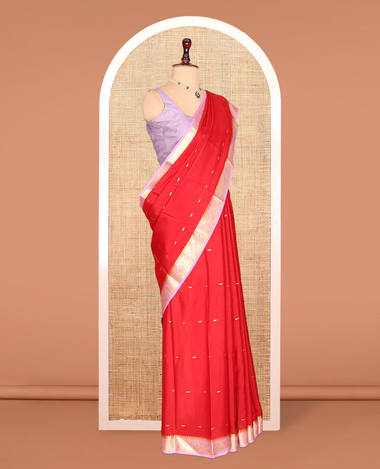 Red Zari Buttas Mysore Silk Saree, Complemented by a Contrast Traditional Zari Border, Zari Design Pallu, and a Contrast Blouse