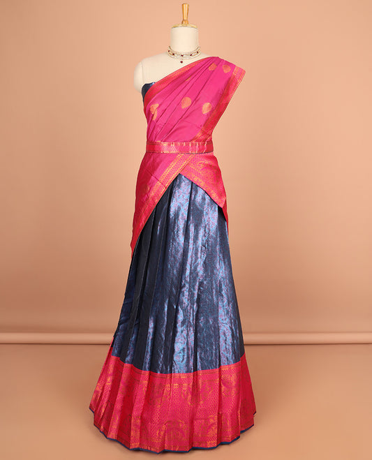 Dusky blue floral design half saree with contrast zari design border, zari design blouse & floral zari design dhavani