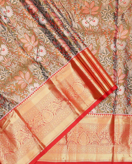 Green Art Silk Material Half-Saree Set, Features Floral Jacquard Design Skirt, Complemented by Captivating Contrast Traditional Zari Designs Woven Border, Paired with a Contrast Blouse and a Intricate Dhavani