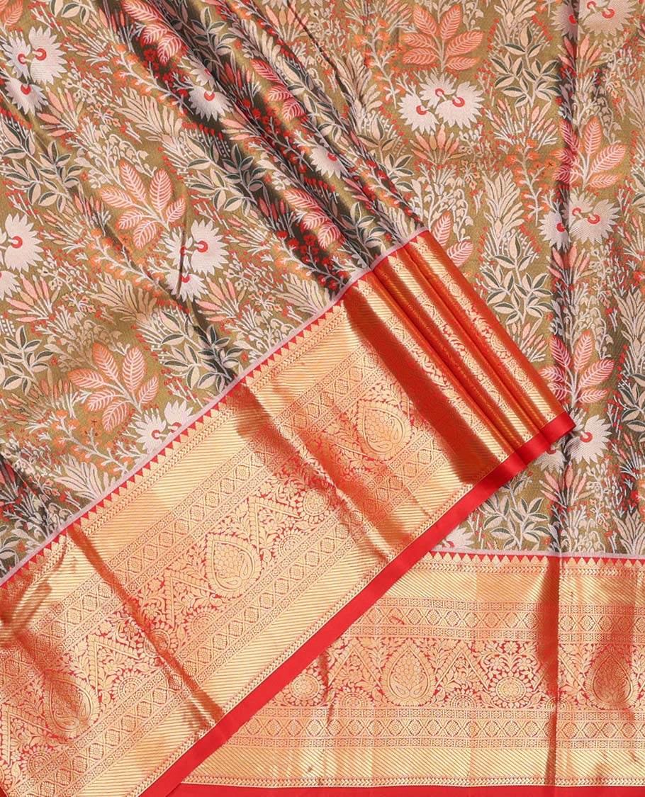 Green Art Silk Material Half-Saree Set, Features Floral Jacquard Design Skirt, Complemented by Captivating Contrast Traditional Zari Designs Woven Border, Paired with a Contrast Blouse and a Intricate Dhavani