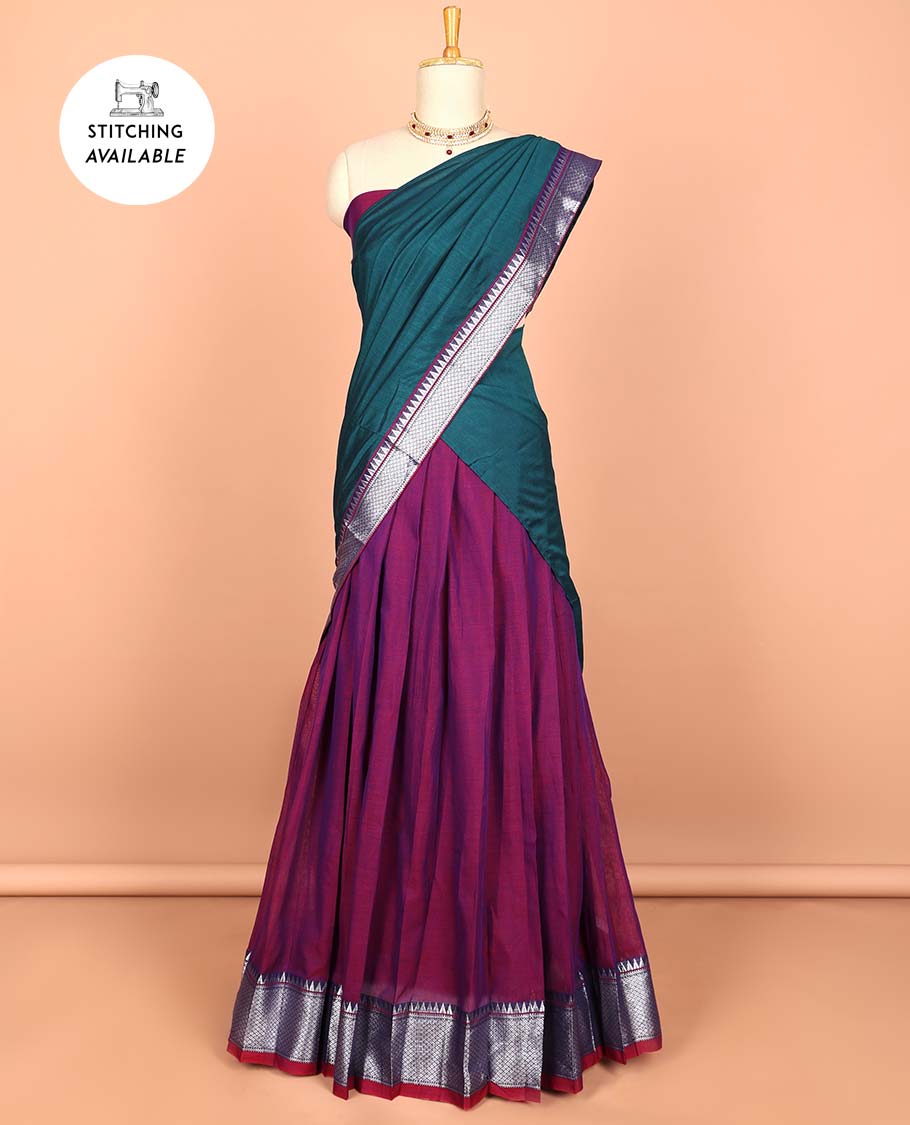 Green cotton half saree with contrast zari border, plain blouse & plain with zari border dhavani