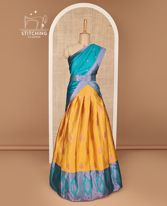 Yellow floral design banaras half saree with contrast zari design border , zari design blouse & floral zari design dhavani