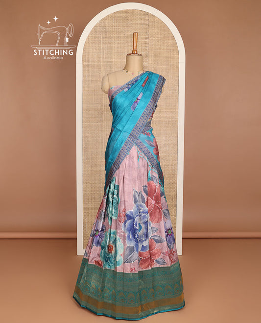 Pink floral printed half saree with contrast zari design border, floral design blouse & floral printed dhavni