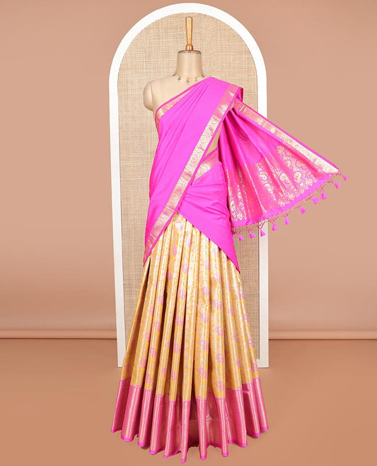 Orange floral jacquard art silk half saree with contrast zari design border, zari design blouse & floral design dhavani