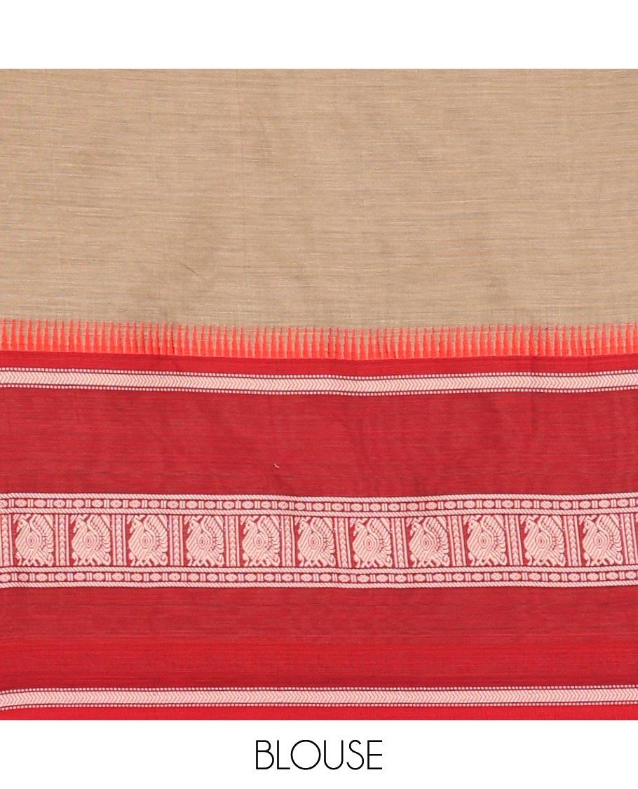 Light brown cotton half saree with contrast peacock design border, peacock design blouse & temple border dhavani