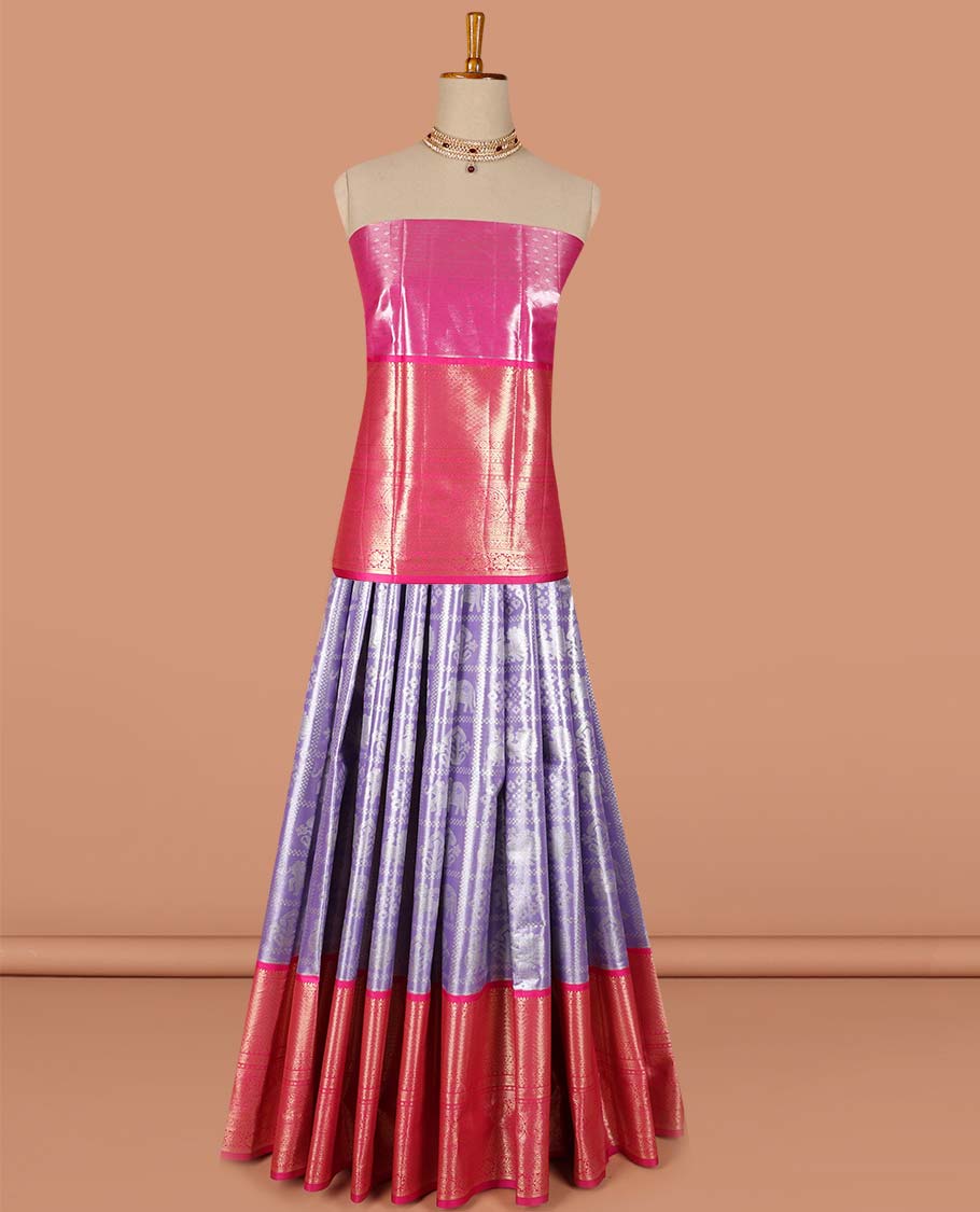 Lavender checked with floral design art-silk half saree, contrast traditional zari border,zari design blouse & floral dhavani