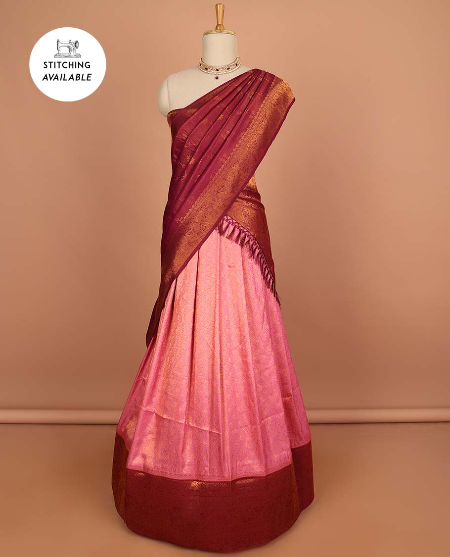 Blue buttas half sare with contrast zari border, zari design blouse & floral design dhavani