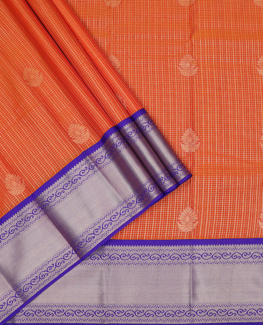 Orange art-silk pavadai material set, micro-zari checked & zari buttas woven pavadai with contrast blouse & traditional zari design border