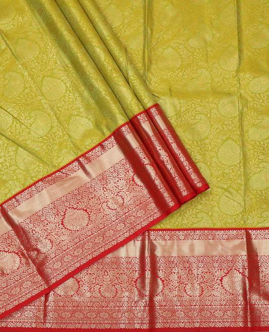Green Jacquard Art Silk Pavadai Material Features Contrast Traditional Zari Border, a Contrast Blouse