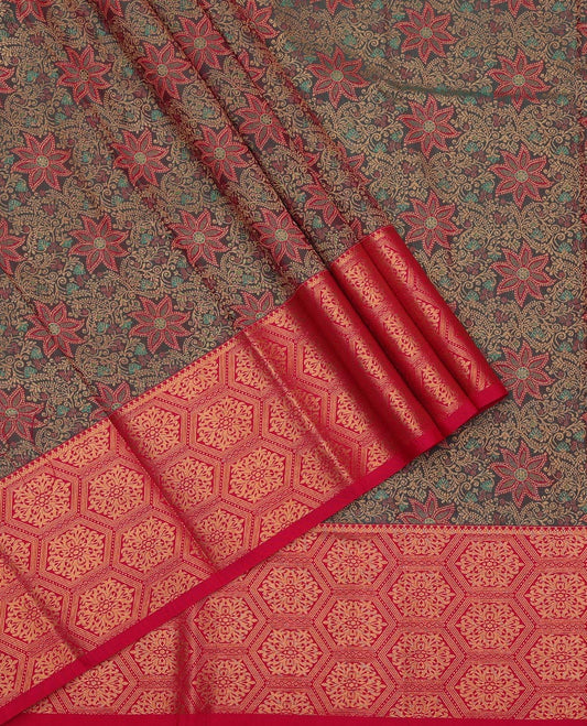 Green Art Silk Pavadai Material Set, Steeped in Richness of Meenakari Floral Designs on Its Skirt, Complemented by a Contrast Mughal Zari Design Border, and Paired with a Contrast Blouse