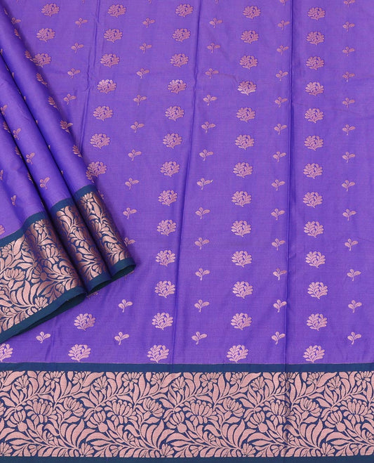 Lavender Art Silk Pavadai Material Set Enriched with Floral Zari Buttas All Over the Skirt, Complemented by a Contrast Floral Jaal Zari Border, and Paired with a Contrast Blouse