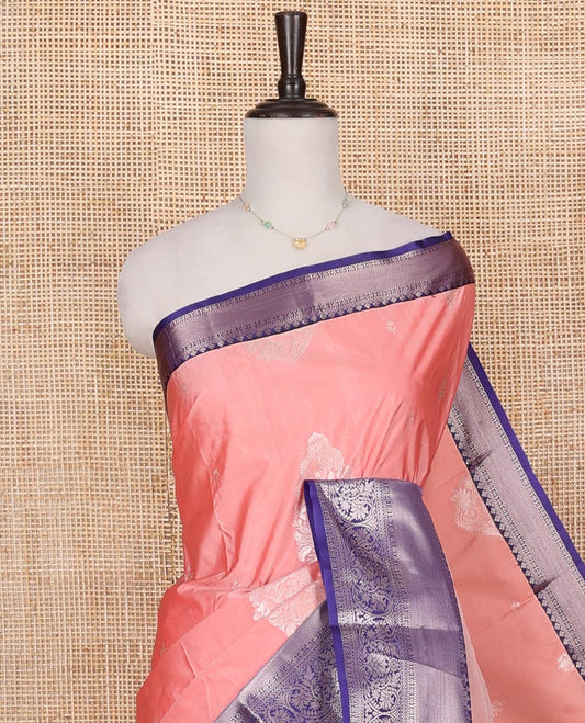 Peach Budget Silk Saree, Richly Detailed with Zari Buttas on Its Body, Complemented by a Contrast Traditional Zari Design Border, Zari Design Pallu, and Paired with a Contrast Blouse