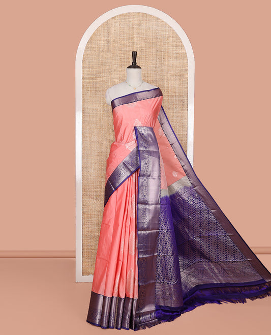 Peach Budget Silk Saree, Richly Detailed with Zari Buttas on Its Body, Complemented by a Contrast Traditional Zari Design Border, Zari Design Pallu, and Paired with a Contrast Blouse