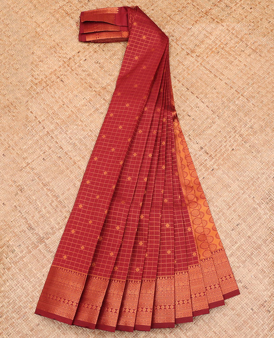 Maroon Budget Silk Saree, Spotlighted with Zari Buttas and Checks All Over Its Body, Highlighted by a Traditional Zari Design Border, Grand Pallu, and Paired with a Matching Blouse