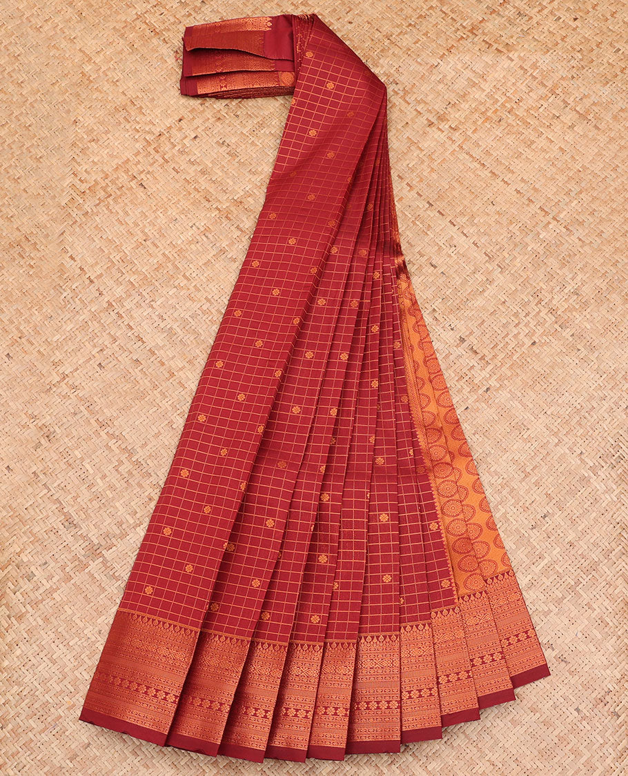 Maroon Budget Silk Saree, Spotlighted with Zari Buttas and Checks All Over Its Body, Highlighted by a Traditional Zari Design Border, Grand Pallu, and Paired with a Matching Blouse