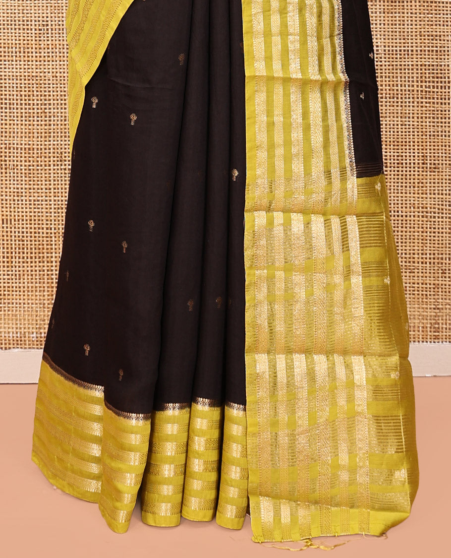 Black Assam Silk Saree, Delicately Woven with Zari Buttas, Complemented by Contrast Traditional Zari Border, Striped Pallu, and a Contrast Blouse