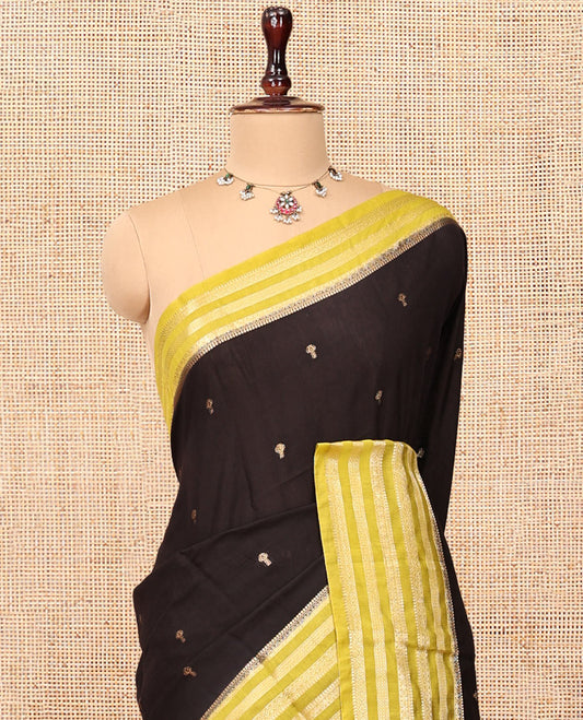 Black Assam Silk Saree, Delicately Woven with Zari Buttas, Complemented by Contrast Traditional Zari Border, Striped Pallu, and a Contrast Blouse