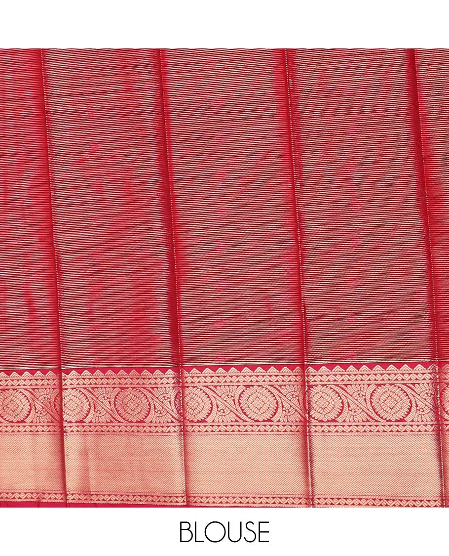 Orange peacock chakram buttas and striped gift saree, contrast traditional zari border, and jaal pallu