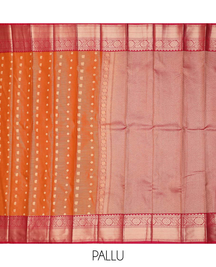 Orange peacock chakram buttas and striped gift saree, contrast traditional zari border, and jaal pallu