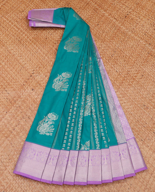 Blue floral buttas and striped budget silk saree, contrast traditional zari border, and intricate pallu