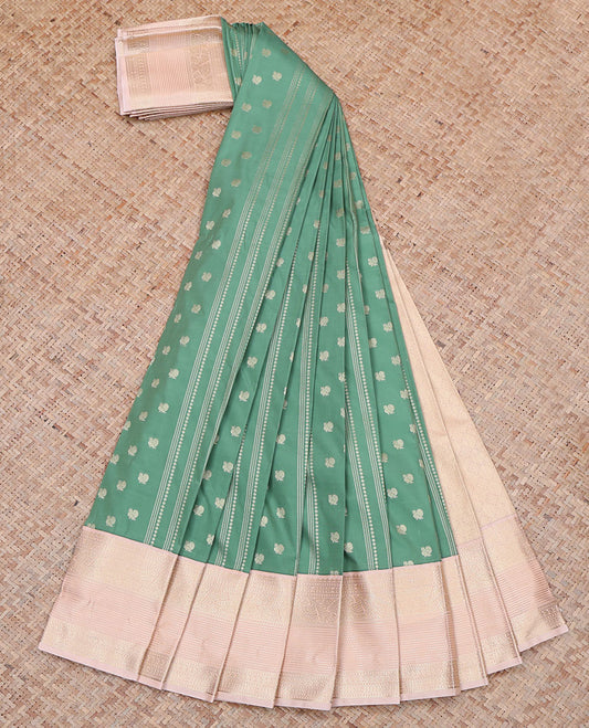 Green Budget Silk Saree, Bedecked with Stripes and Zari Buttas on Its Body, Complemented by Contrast Traditional Zari Design Border, Sparsely Woven Jaal Pallu, and Paired with a Contrast Blouse
