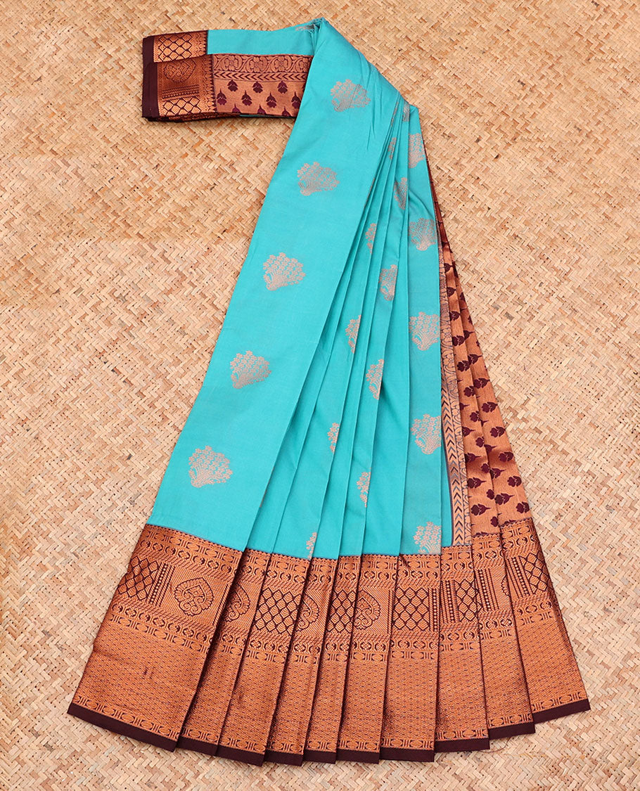 Blue Budget Silk Saree, Woven with Zari Buttas on Its Body, Complemented by a Contrast Traditional Zari Design Border, Pallu Steeped with Floral Designs, and Paired with a Contrast Blouse