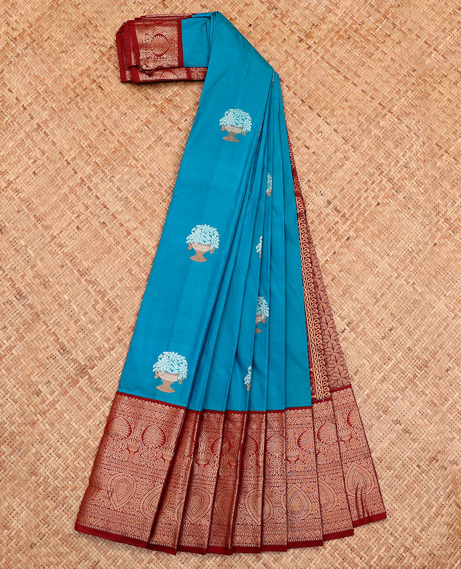 Blue Budget Silk Saree, Adorned with Zari Buttas All Over Its Body, Complemented by a Contrast Traditional Design Border, Grand Pallu, and Paired with a Contrast Blouse