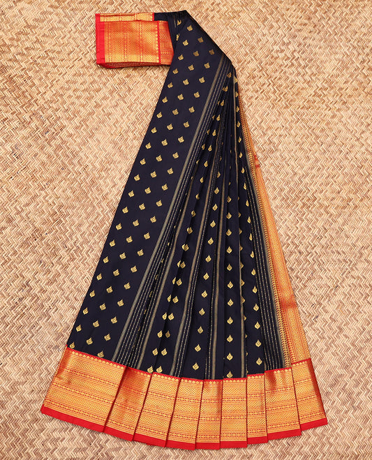 Navy Blue Budget Silk Saree, Woven with Zari Buttas and Stripes, Complemented by a Contrast Traditional Zari Border, Geometric Pallu, and a Contrast Blouse