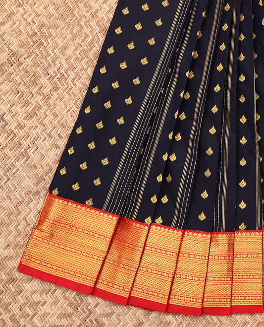 Navy Blue Budget Silk Saree, Woven with Zari Buttas and Stripes, Complemented by a Contrast Traditional Zari Border, Geometric Pallu, and a Contrast Blouse