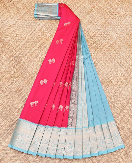 Pink Budget Silk Saree, Beautified with Zari Buttas, Complemented by Contrast Traditional Zari Border, Grand Pallu, and a Contrast Blouse