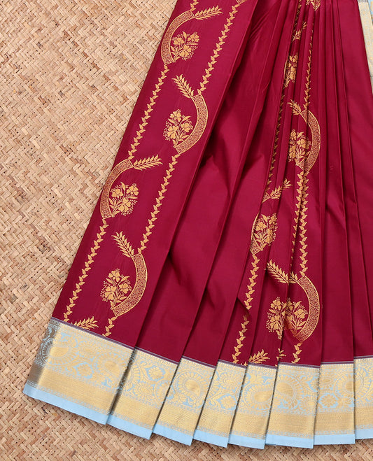 Maroon Budget Silk Saree, Finely Crafted with Zari Designs, a Contrast Traditional Zari Border, Grand Pallu, and a Contrast Blouse