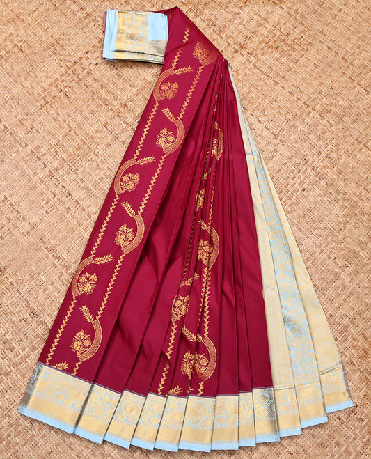 Maroon Budget Silk Saree, Finely Crafted with Zari Designs, a Contrast Traditional Zari Border, Grand Pallu, and a Contrast Blouse