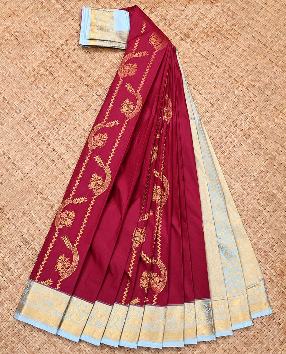 Maroon Budget Silk Saree, Finely Crafted with Zari Designs, a Contrast Traditional Zari Border, Grand Pallu, and a Contrast Blouse