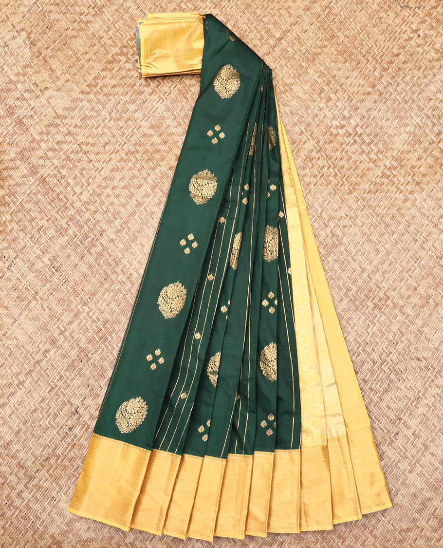Green Budget Silk Saree, Detailed with Zari Buttas and Stripes, Complemented by a Contrast Traditional Zari Border, Sparsely Woven Pallu, and a Contrast Blouse