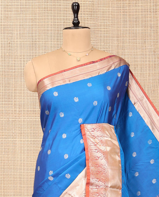 Blue Budget Silk Saree, Prettified with Peacock Buttas, Complemented by a Contrast Traditional Zari Border, Jaal Pallu, and Contrast Blouse