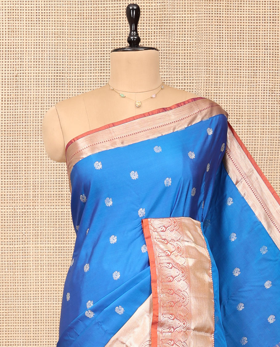 Blue Budget Silk Saree, Prettified with Peacock Buttas, Complemented by a Contrast Traditional Zari Border, Jaal Pallu, and Contrast Blouse
