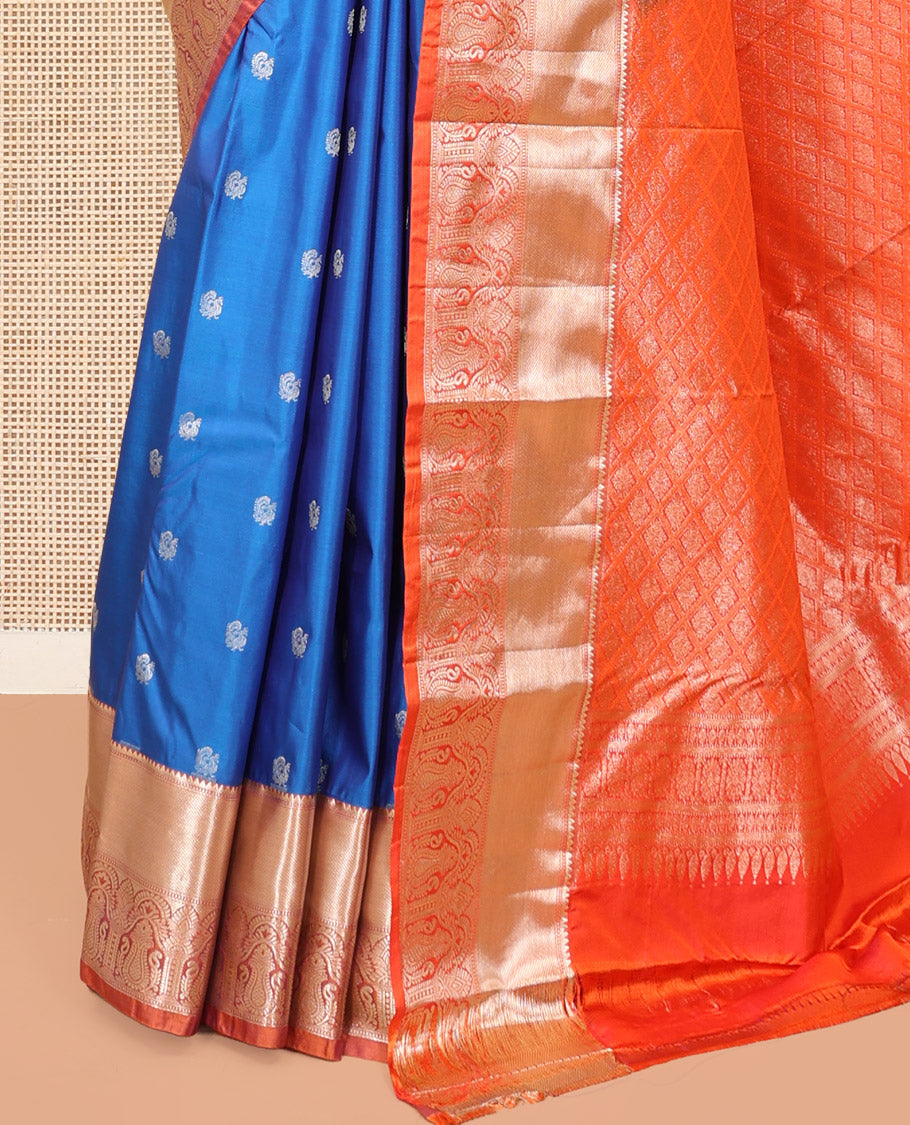 Blue Budget Silk Saree, Prettified with Peacock Buttas, Complemented by a Contrast Traditional Zari Border, Jaal Pallu, and Contrast Blouse