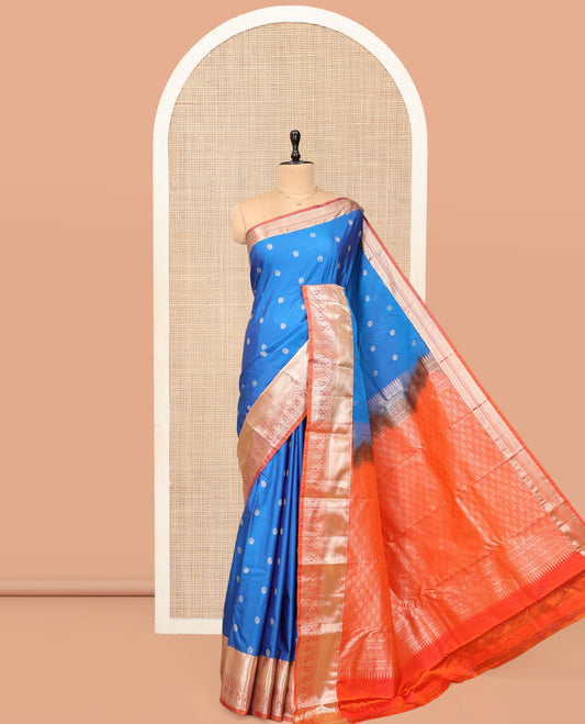 Blue Budget Silk Saree, Prettified with Peacock Buttas, Complemented by a Contrast Traditional Zari Border, Jaal Pallu, and Contrast Blouse