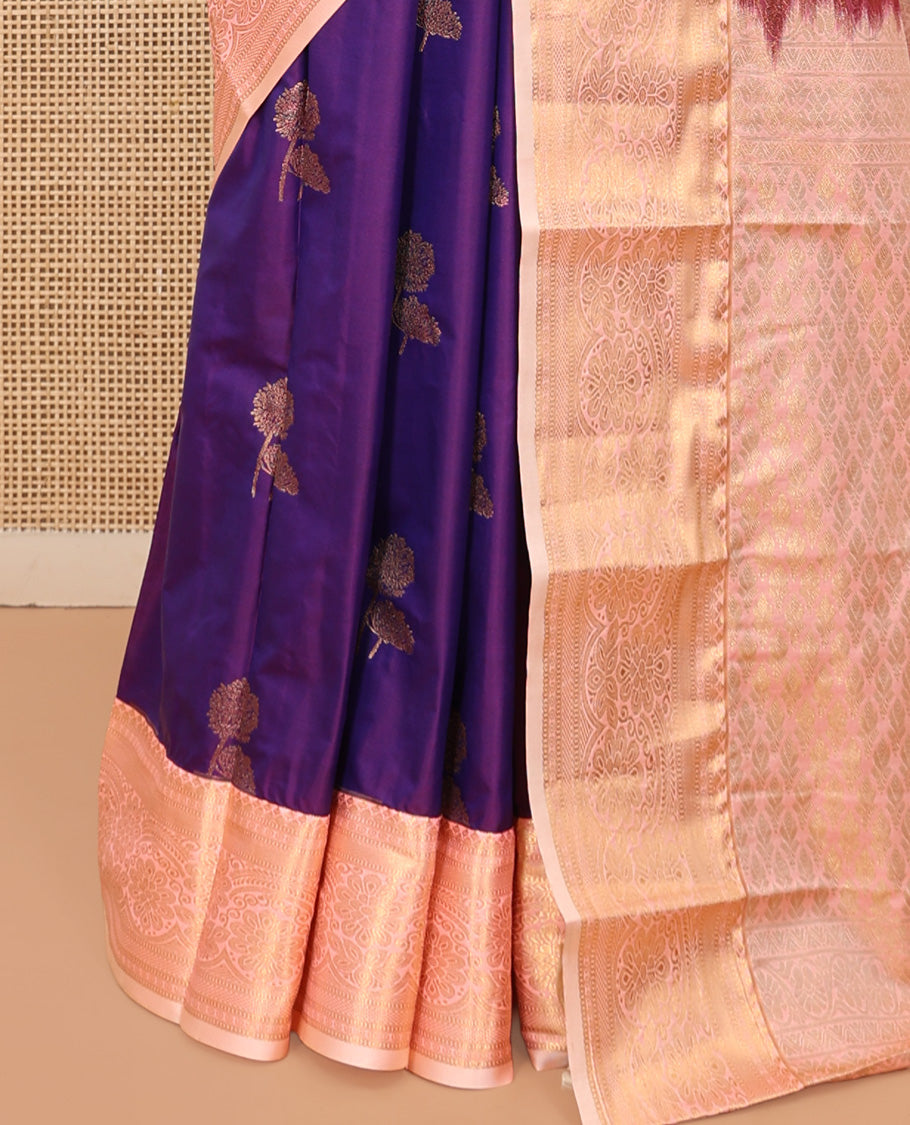 Violet Budget Silk Saree, Styled with Floral Zari Buttas, Complemented by a Contrast Traditional Zari Border, Grand Pallu, and Contrast Blouse