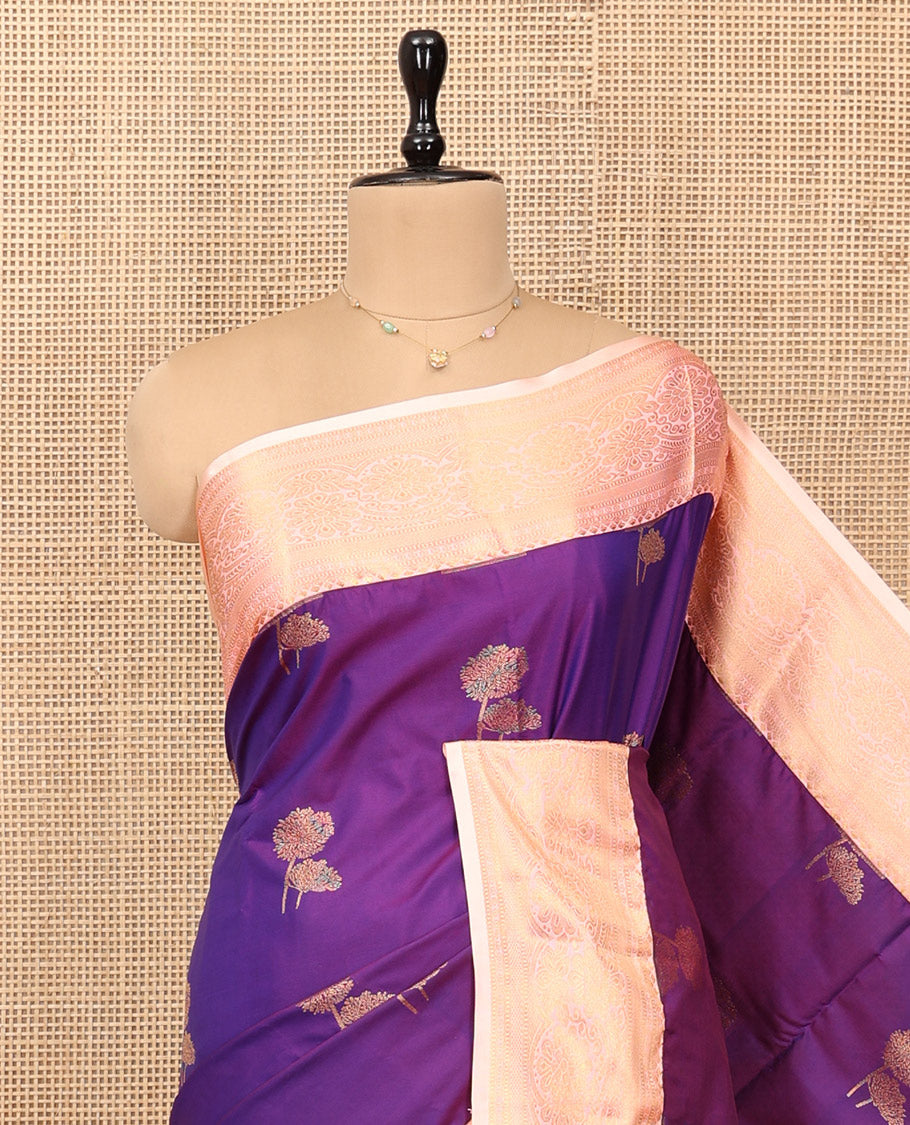 Violet Budget Silk Saree, Styled with Floral Zari Buttas, Complemented by a Contrast Traditional Zari Border, Grand Pallu, and Contrast Blouse