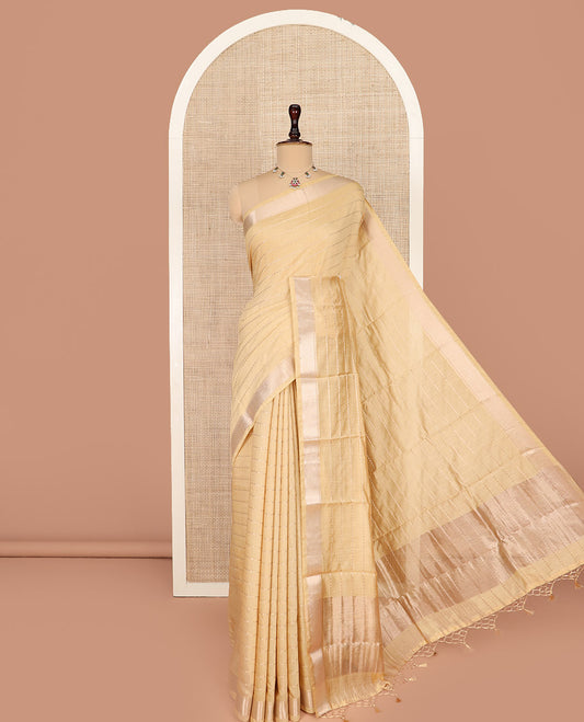 Sandal Assam Silk Saree Sparsely Sparkled with Zari Stripes on Its Body, Subtly Woven Zari Traditional Border, a Gleaming Zari Striped Pallu, and Paired with a Contrast Blouse