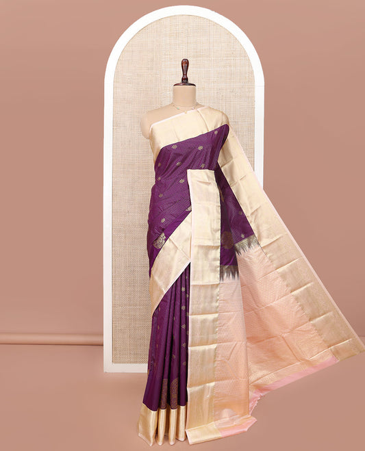 Purple Budget Silk Saree, Gleamed Up with Diamond Buttas and Stripes All Over Its Body, Complemented by a Contrast Traditional Zari Design Border, Grand Jaal Pallu, and Paired with a Contrast Blouse