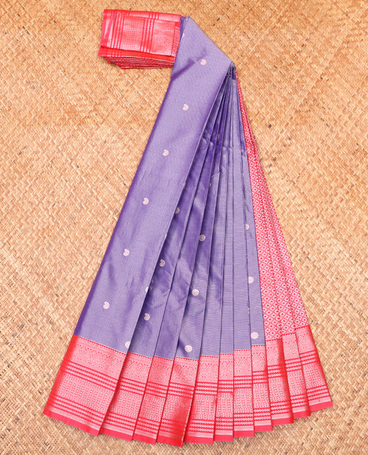 Lavender Budget Silk Saree, Subtly Sparkled With Zari Buttas and Stripes All Over Its Body, Complemented by Contrast Traditional Zari Designs Woven Border, Grand Jaal Pallu and Paired with a Contrast Blouse