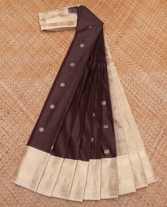 Brown Budget Silk Saree, Detailed with Stripes and Chakram Buttas All Over Its Body, Complemented by Contrast Traditional Zari Designs Woven Border, Jaal Pallu and Paired with a Contrast Blouse