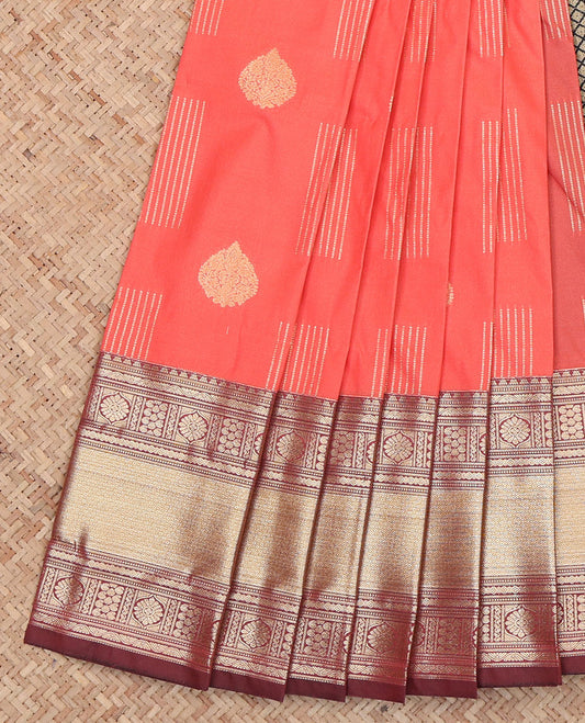 Peach Budget Silk Saree, Gleamed Up with Zari Buttas on Its Body, Complemented by a Contrast Traditional Zari Design Woven Border, Jaal Pallu, and Paired with a Contrast Blouse