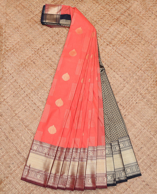 Peach Budget Silk Saree, Gleamed Up with Zari Buttas on Its Body, Complemented by a Contrast Traditional Zari Design Woven Border, Jaal Pallu, and Paired with a Contrast Blouse