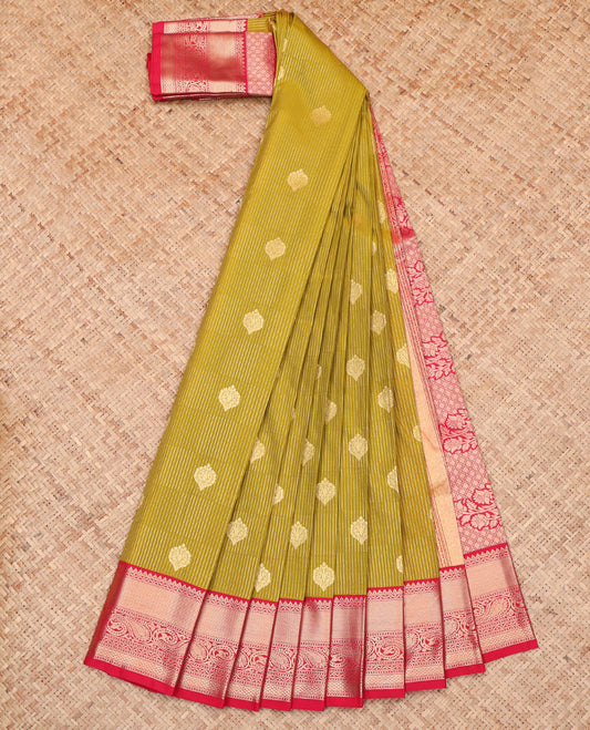 Green Budget Silk Saree, Embellished with Zari Buttas and Stripes All Over Its Body, Complemented by a Contrast Traditional Zari Design Border of Paisleys, Majestically Detailed Pallu, and Paired with a Contrast Blouse