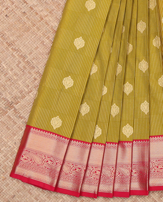 Green Budget Silk Saree, Embellished with Zari Buttas and Stripes All Over Its Body, Complemented by a Contrast Traditional Zari Design Border of Paisleys, Majestically Detailed Pallu, and Paired with a Contrast Blouse