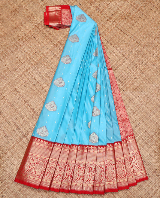 Blue Budget Silk Saree, Embellished with Zari Buttas All Over Its Body, Complemented by a Contrast Traditional Zari Design Border, Grand Jaal Pallu, and Paired with a Contrast Blouse