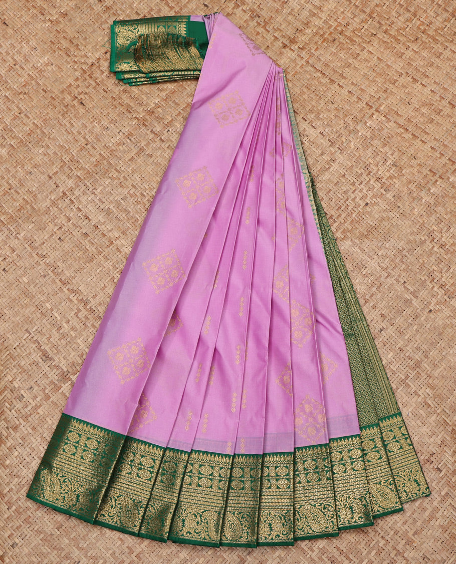 Pink Budget Silk Saree, Woven with Zari Buttas All Over Its Body, Complemented by a Contrast Traditional Zari Border, Grand Jaal Pallu, and Paired with a Contrast Blouse